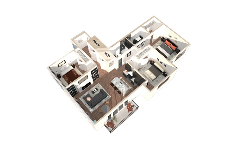 Units 2, 7, 12, 17 - 3 bedroom floorplan layout with 2 baths and 1255 square feet.
