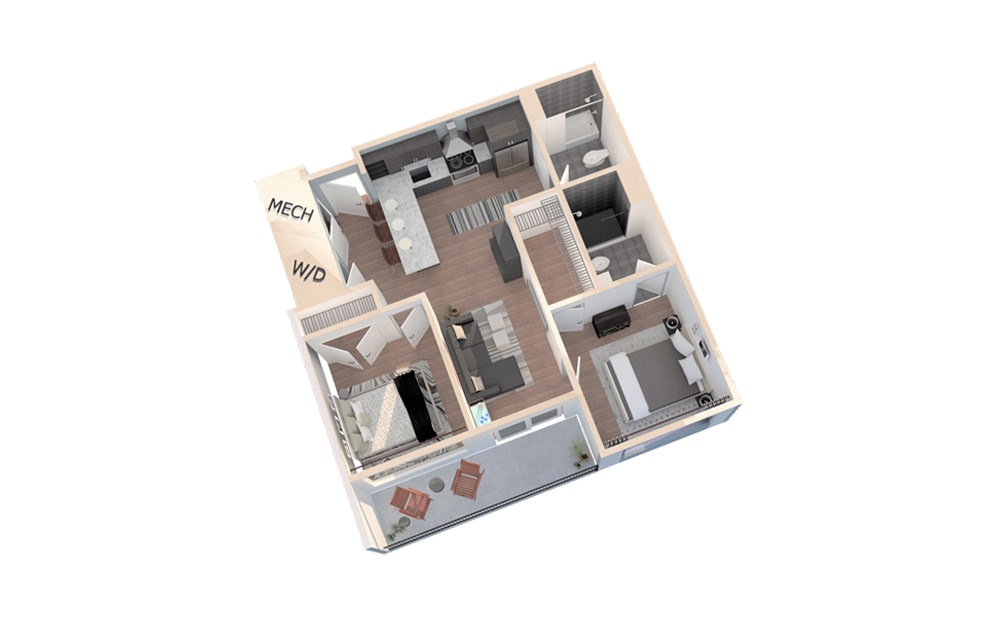 Units 4, 9, 14, 19 - 2 bedroom floorplan layout with 2 baths and 742 square feet.